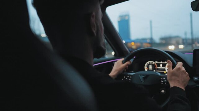 Backseat view on man driving car through the streets of the evening city.