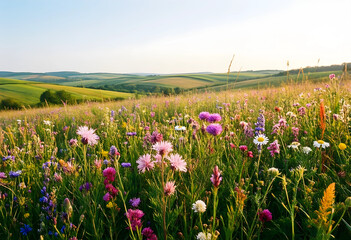 Obraz premium Biodiversity and environmental conservation, vibrant wildflower meadow with rolling green hills in summer landscape