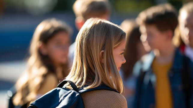 rear view of a group of students surrounding a classmate in a bright school backyard, backs to camera, bullying awareness concept, children's rights, social exclusion, bright,