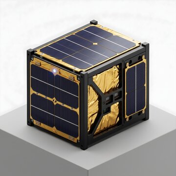 Isometric 3D Studio Render of 1U CubeSat Nanosatellite with Solar Panels and Gold Foil
