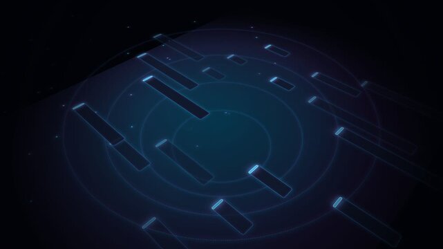 Abstract futuristic digital circuit background with glowing blue geometric shapes and concentric circles
