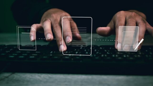 Business professional reviewing and approving digital documents, representing document verification, approval workflow, DMS system, compliance audit, process control.