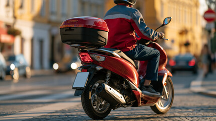 Fototapeta premium rear view of a delivery person on a scooter bringing various food items through a bright town, back to camera, food delivery concept, logistics, urban, modern, bright, with copy