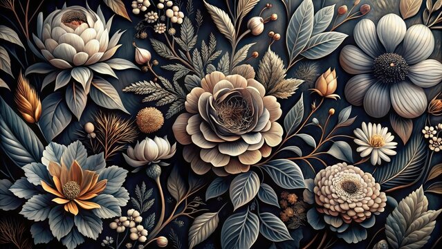 Intricate charcoal floral pattern dark botanicals dark tone charcoal art copy space