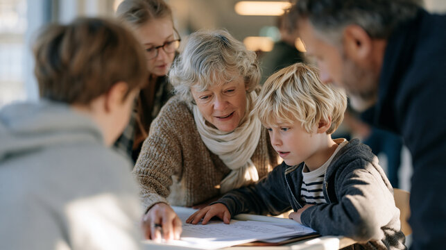 A family of four crowds around a hospital corridor window as a copywriter grandmother dictates heritage railway restoration stories to her grandchildren, her handwritten notes