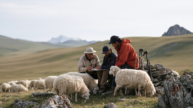 An overcast sky stretches over a hillside where a diverse team of sheep herders and archaeology students map ancient Silk Road trade route waypoints beside a grazing flock, survey