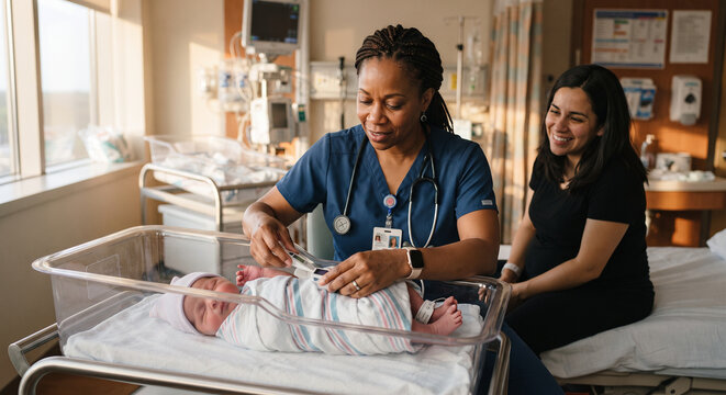 newborn baby in bassinet being checked by nurse in hospital with mother smiling