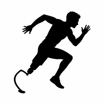 Black silhouette of a male para-athlete sprinter with a prosthetic running blade leg in mid-stride, high contrast profile of a disabled sportsman running against a white background.