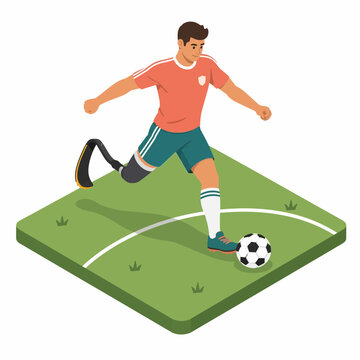 Isometric illustration of a male athlete with a lower-limb prosthetic leg kicking a soccer ball on a patch of green grass field. The player wears an orange jersey and green shorts.