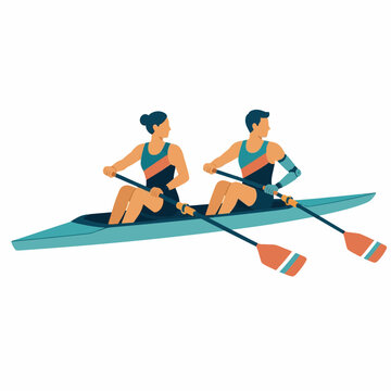 Vector illustration of a male athlete with a prosthetic arm and a female athlete rowing together in a racing scull boat, representing inclusive sports, teamwork, and para-rowing.