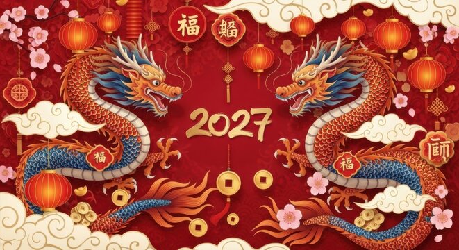 Two traditional chinese dragons for the year 2027 lunar new year card