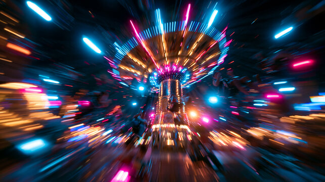 Fast Spinning Amusement Park Swing Ride at Night