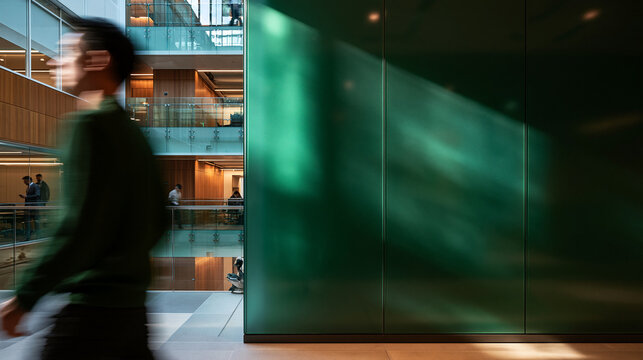 Motion Blurred Businessman Walking in Modern Corporate Office Atrium