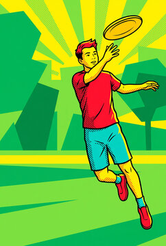 Young man throwing a frisbee in a vibrant park setting  