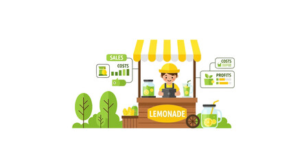 Fototapeta premium Boy managing lemonade stand with tablet. Illustration showing sales, costs, and profit charts for business education and entrepreneurship.