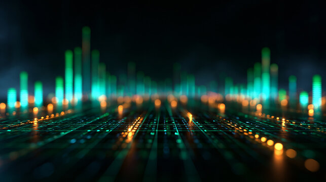 Glowing Digital Audio Equalizer and Big Data Visualization Background