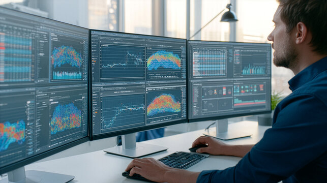 A modern business analyst working with multiple large monitors displaying abstract colorful data visualizations without readable text, elegant minimalist office
