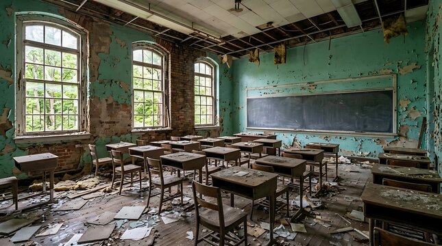 Derelict abandoned classroom with peeling paint and broken furniture evokes sense of decay and forgotten education settings ideal for nostalgic or spooky themes.