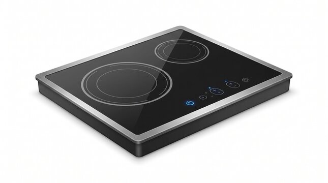 Modern 3D render of a sleek electric induction cooktop with two burners and intuitive digital touch controls, ideal for contemporary kitchen designs and energy-efficient cooking