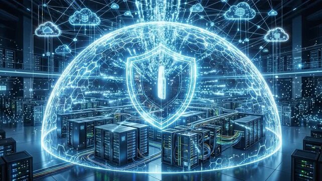 Cybersecurity data center shield cloud network server protection firewall digital security glowing dome secure server room with lock icon and connected cloud infrastructure