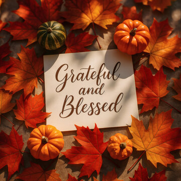 grateful blessed autumn still life premium thanksgiving fall gratitude with pumpkins leaves bokeh
