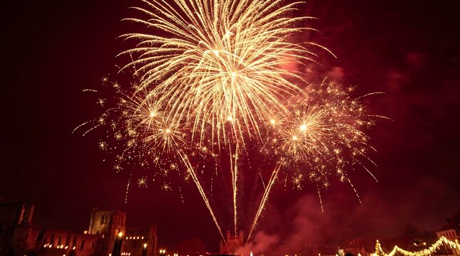 Brilliant golden firework bursts radiating over a rich crimson backdrop for celebrating festive anniversaries and traditional holiday events fireworks explosion red background gold glow festive