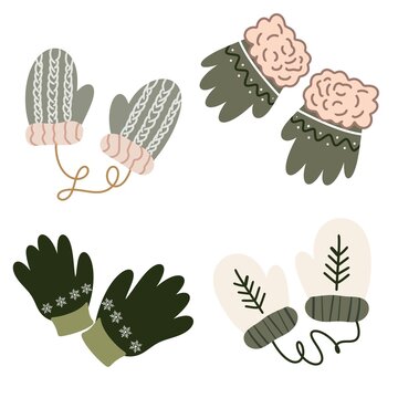 Knitted winter mittens and gloves set in green and grey isolated on white background