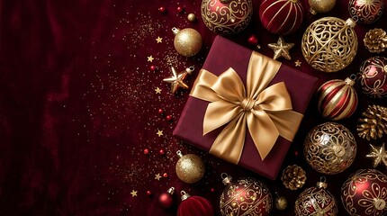 Naklejka premium Beautifully wrapped christmas gift box with a large gold bow complemented by intricate red and gold ornaments pine cones and scattered confetti on a plush burgundy velvet background.