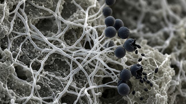 Microscopic close up of fungal mycelium threads and black spore caps consuming organic vegetable pulp mold mucor sporangia fungus spoilage decay rotten pepper bell-pepper macro close-up detail food