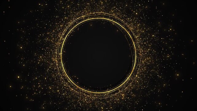 Golden circular frame glows on black with sparkling particles, glitter dust and elegant light rings. Ideal for luxury titles, award reveals, wedding intros, celebration promos and seamless video loops