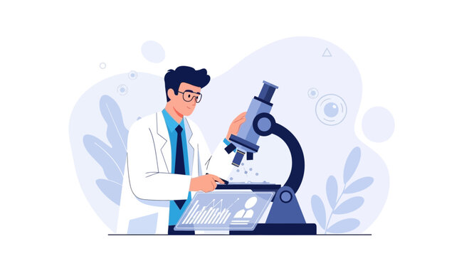 Scientist in Lab Coat Using Microscope and Digital Screen for Research