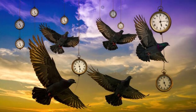 Pigeons flying with pocket watches in surreal sky.