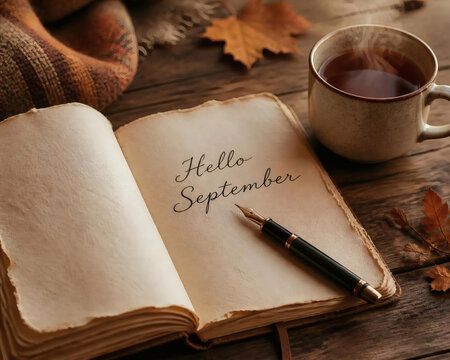 hello september handwritten in retro journal with deckled edge paper stylish pen rustic wooden table cup of tea cozy fall journaling aesthetic vintage planner warm autumn vibes handmade paper texture