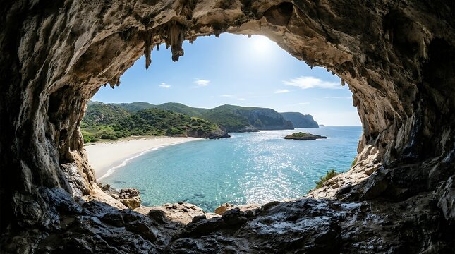 Natural Rock Cavern Portal Looking Out to Glistening Aquamarine Waters and Pristine Coastline cave cavern interior bay turquoise sea beach ocean sand opening view natural landscape framing portal
