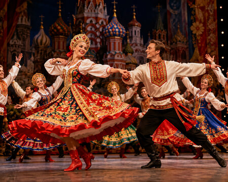 Traditional Russian folk dancers performing in colorful costumes on stage, celebrating Russian culture and heritage with energetic movement and festive choreography.