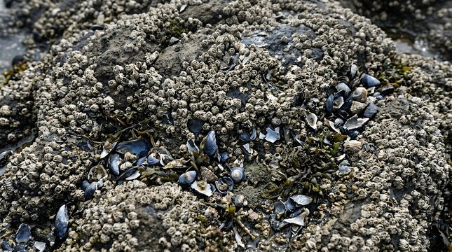 Detailed natural texture of ancient coastal ocean rocks densely covered with wild barnacles and sharp sea shell fragments rock barnacle coastal shell texture ocean sea natural stone wild shore coast