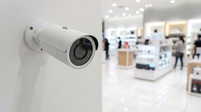 White bullet security camera mounted on wall in retail electronics store with blurred shoppers in background for store security and customer behavior analysis monitoring systems