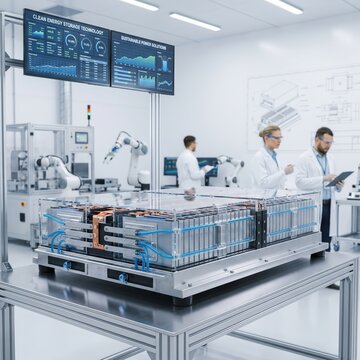 Industrial battery storage units inside a modern clean energy facility, renewable energy storage, sustainable power infrastructure, battery technology, smart grid.