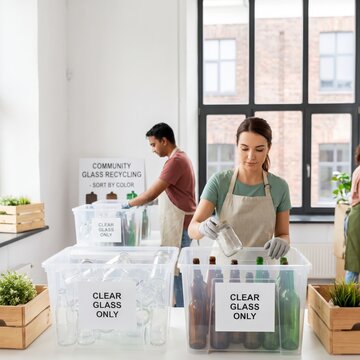 Women sort glass bottles into clear recycling containers at a community collection point, glass recycling, waste separation, sustainable living, environmental responsibility.