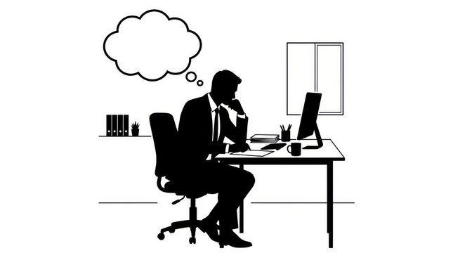 Silhouette of a businessman thinking at his office desk with a thought bubble