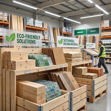 Eco friendly building materials displayed in a sustainable products warehouse, green construction, responsible sourcing, sustainable packaging, environmental retail.