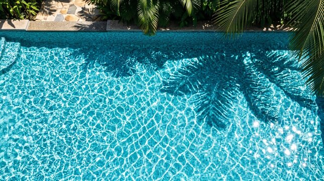 Shimmering pool water with light caustics and gentle ripples, dark palm frond shadows across surface, summer vacation view from above