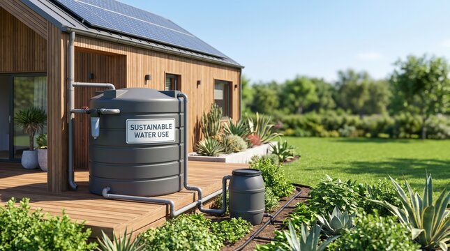 Large rainwater harvesting tank installed beside a modern sustainable house, water conservation, eco friendly home, resource management, green living.