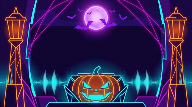A vibrant and spooky halloween scene with a glowing jack o' lantern a full moon and neon style architectural elements perfect for festive designs