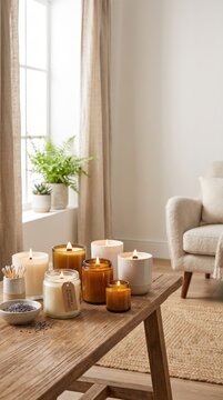 Natural candles in amber glass jars decorate a cozy living room table, sustainable home decor, eco friendly lifestyle, relaxation, natural products.