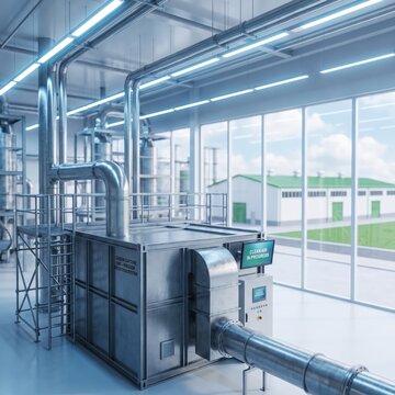 Engineers inspect carbon capture equipment inside a modern industrial facility, emissions reduction technology, climate innovation, sustainable industry, decarbonization.