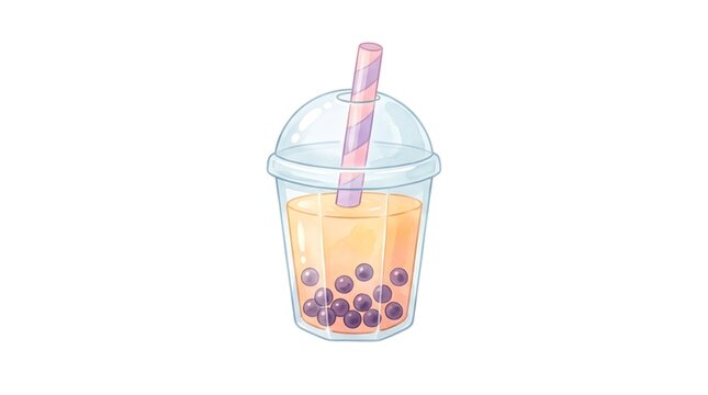 Bubble tea cup with pearls, pastel watercolor draw illustration