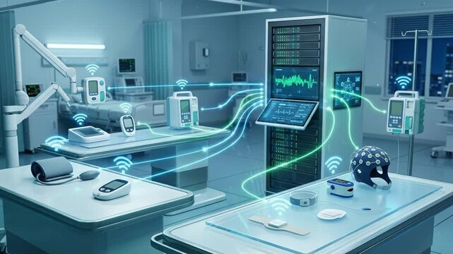 Medical device laboratory hospital monitor wireless sensor data network technology for smart clinical room server equipment digital connection patient care workflow