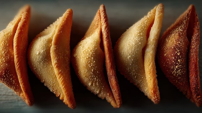 Close-up of golden-brown fried, flaky pastries arranged in a row, with textured surfaces