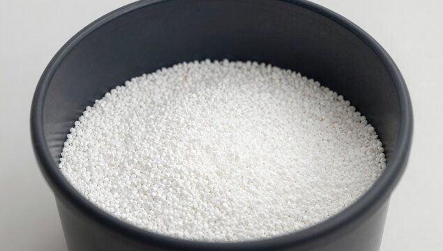 White plastic polymer pellets pouring from an industrial machine into a large storage container in a manufacturing facility.